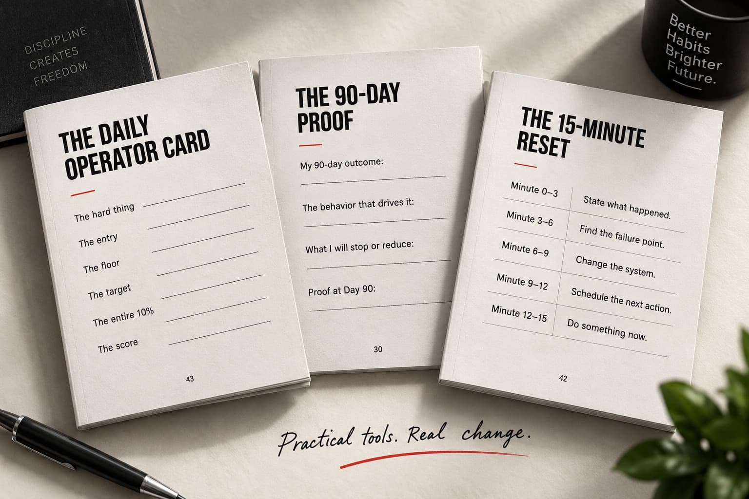 Three worksheets from the playbook: the Daily Operator Card, the 90-Day Proof and the 15-Minute Reset