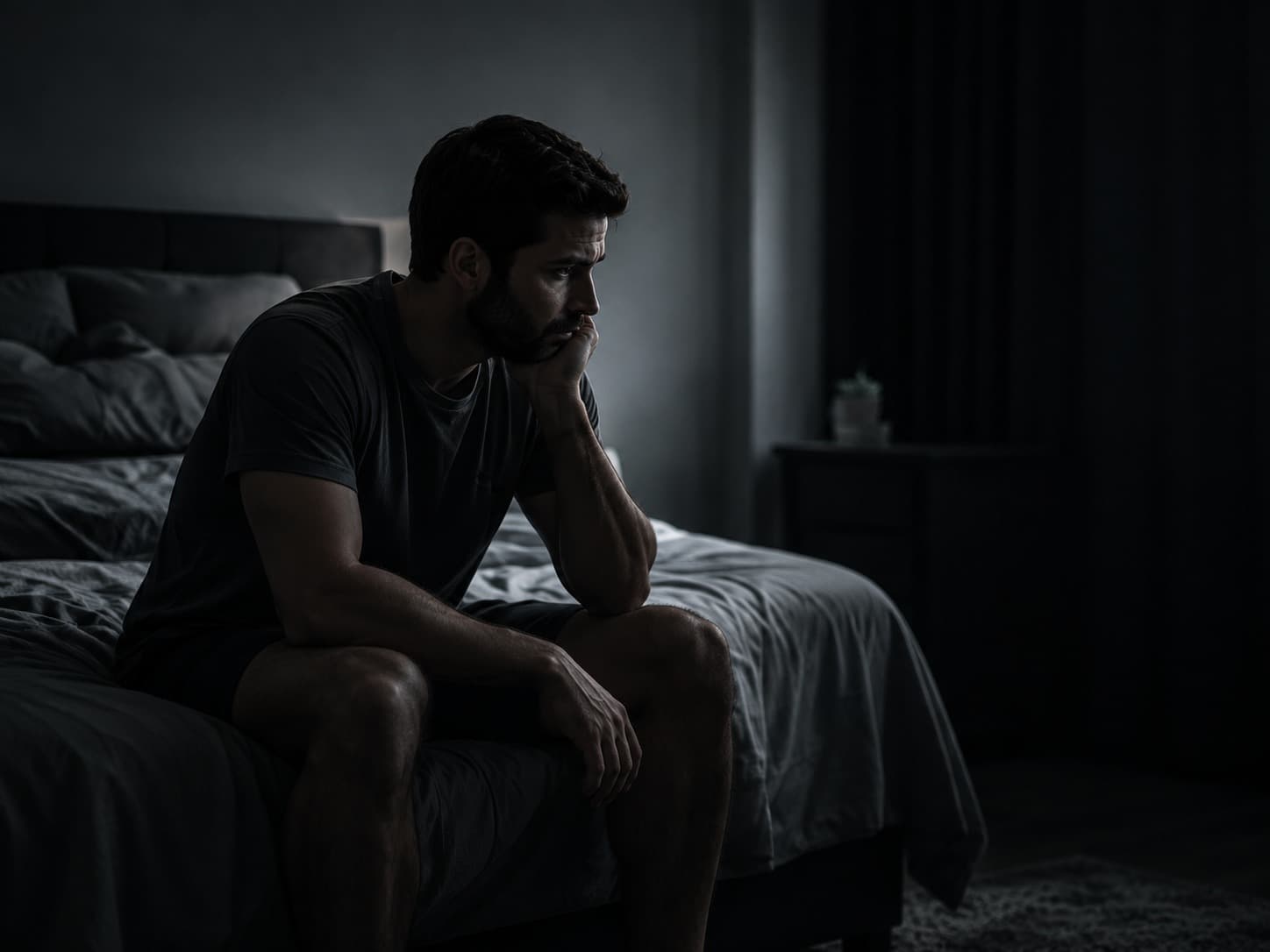A man sitting on the edge of a bed in a dark room