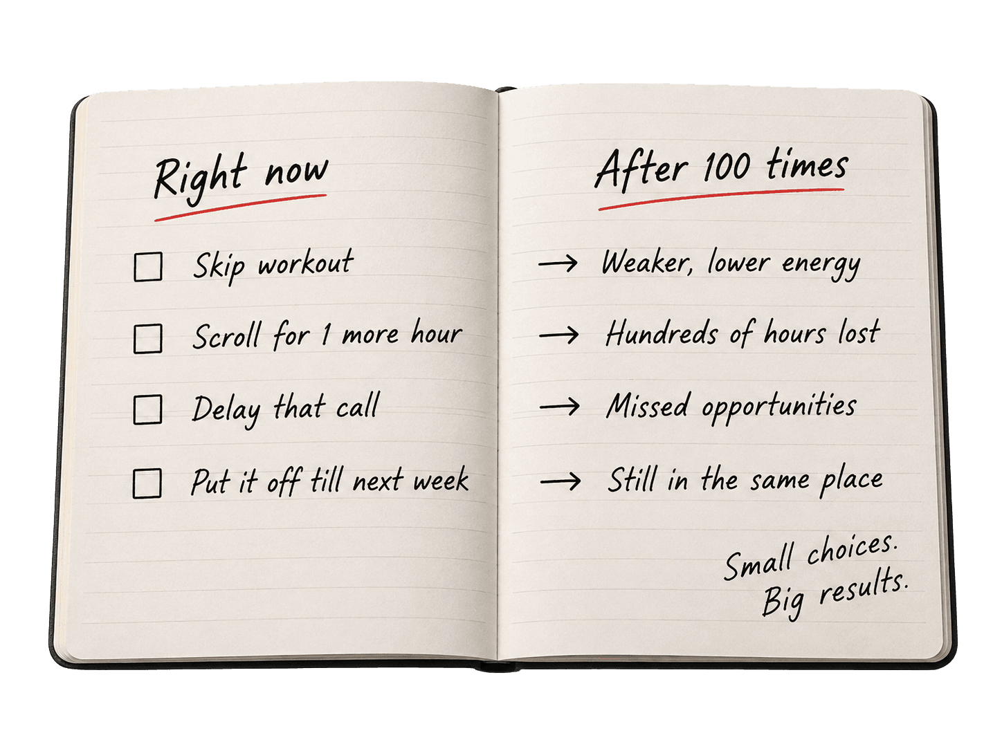 A notebook page comparing today’s choice with the same choice made 100 times
